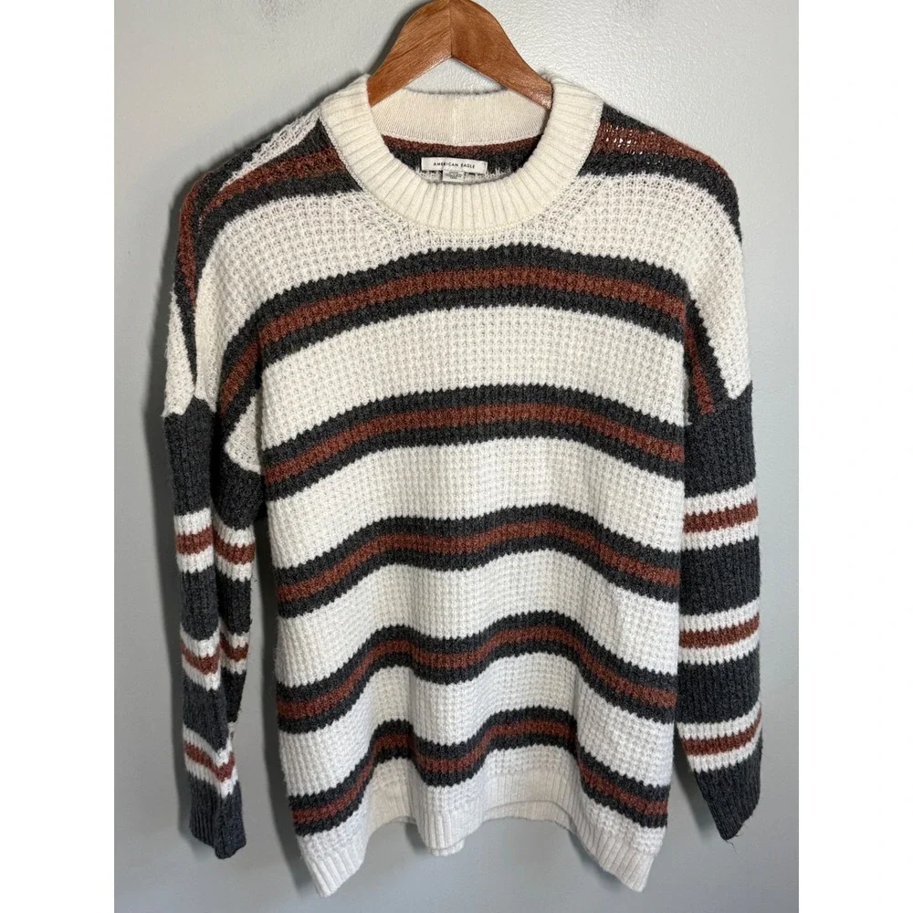 American Eagle Striped Waffle Knit Crewneck Sweater Brown Grey Cream Womens Med